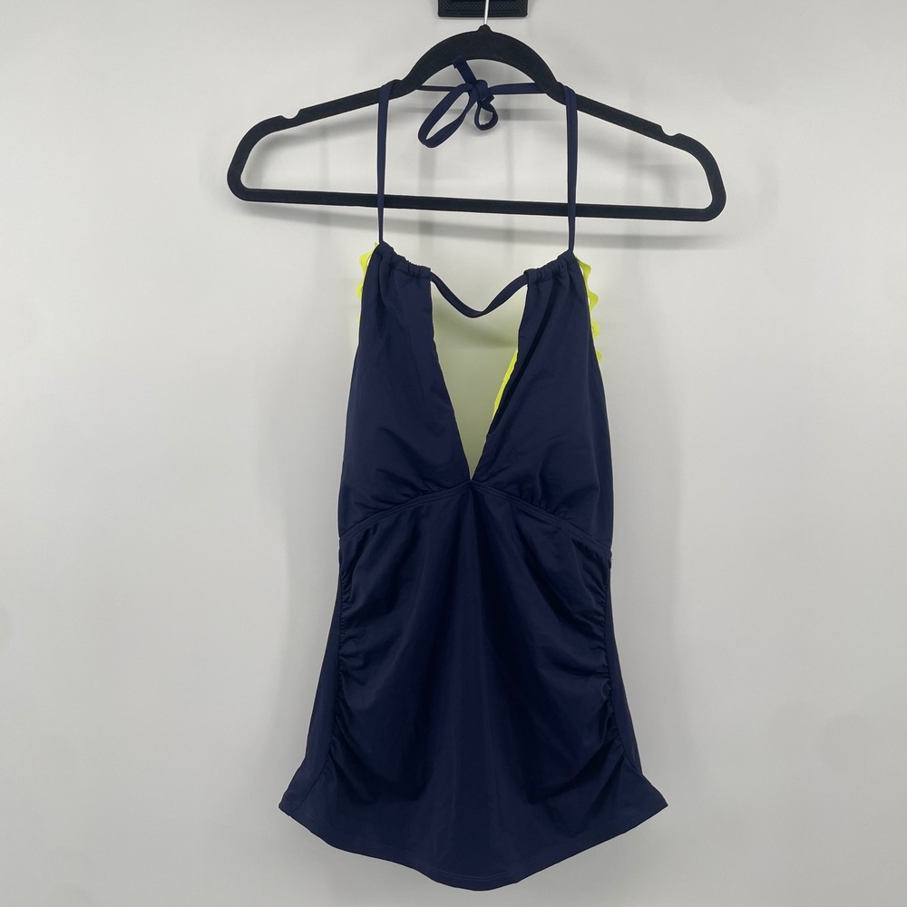 Anne Cole Tankini Top Womens Medium Navy Blue Scalloped Halter Neck NWT